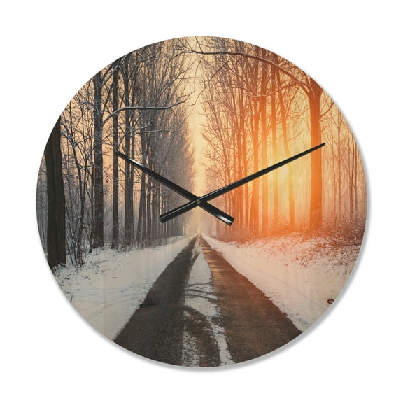 Designart 'Bright Sun Break in Winter Snow Forest ' Farmhouse Wood Wall Clock