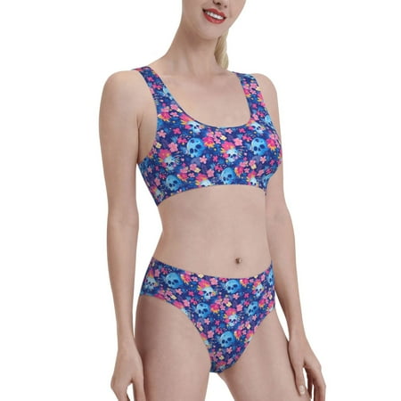 Uemuo Blue Skull Flower Printed Women s High Waisted Bikini Sets Sporty Two Piece Swimsuits Color Block Cheeky High Cut Bathing Suits-Large