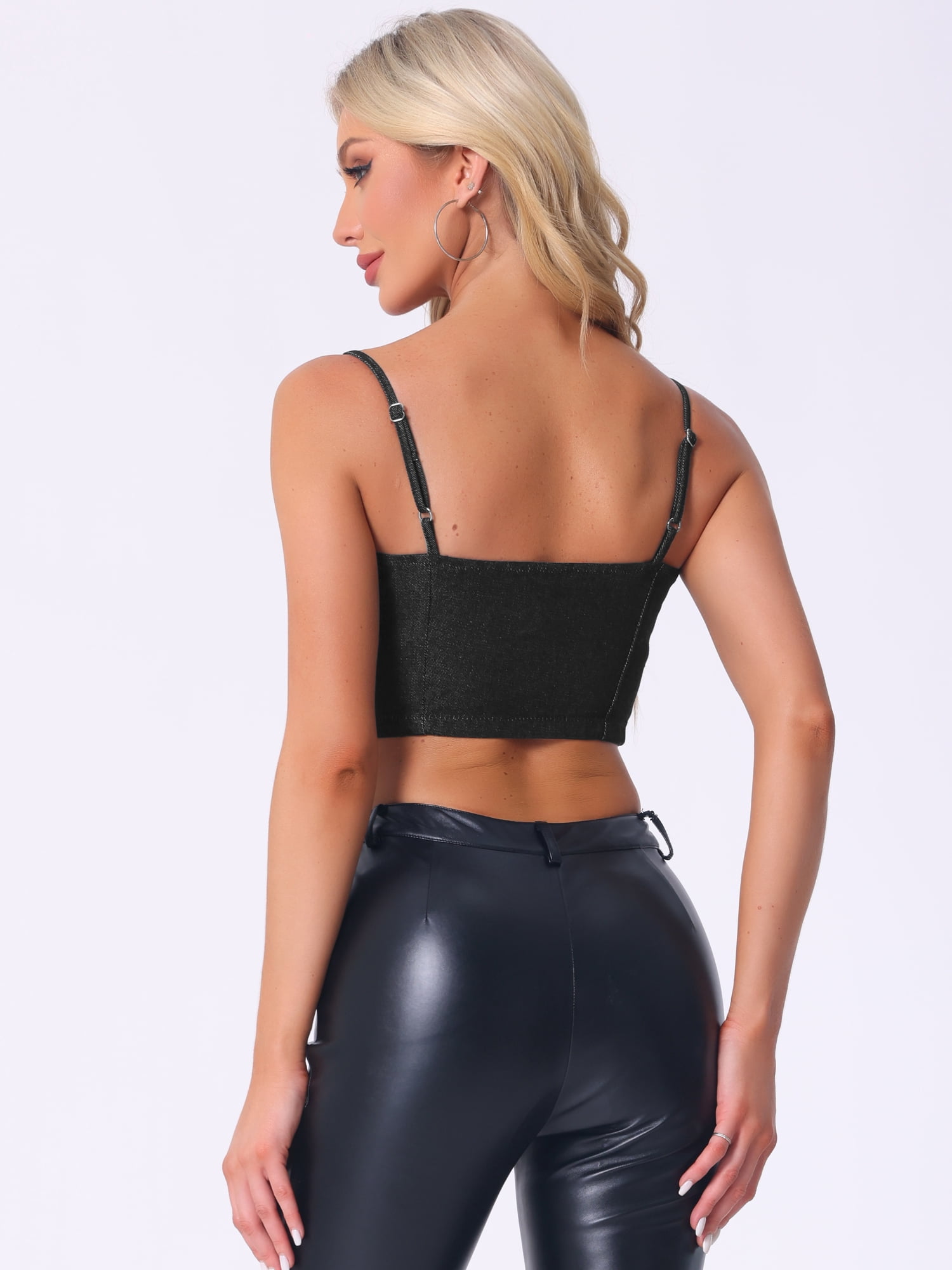DARING DIVA Women Bustier Zip Up Adjustable Straps Jean Corset Top L Black