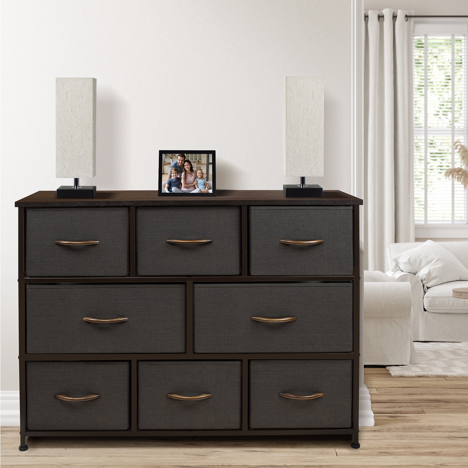 Sorbus Dresser with 8 Drawers - Furniture Storage Chest for Kids Clothing Organization, Bedroom, Hallway, Closet, Office - Steel Iron Frame, Rustic Farmhouse Wood Top, Fabric Bins (Brown)