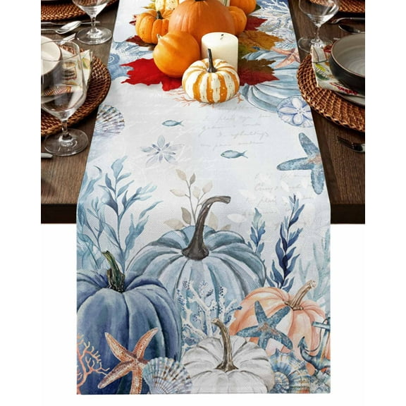 Table Runner Dresser Scarves 60 Inch Long,Fall Thanksgiving Pumpkin Ocean Starfish Linen Dining Table Runners Marine Shell Coral Seaweed Tabletop Scarf for Wedding Holiday Party Kitchen
