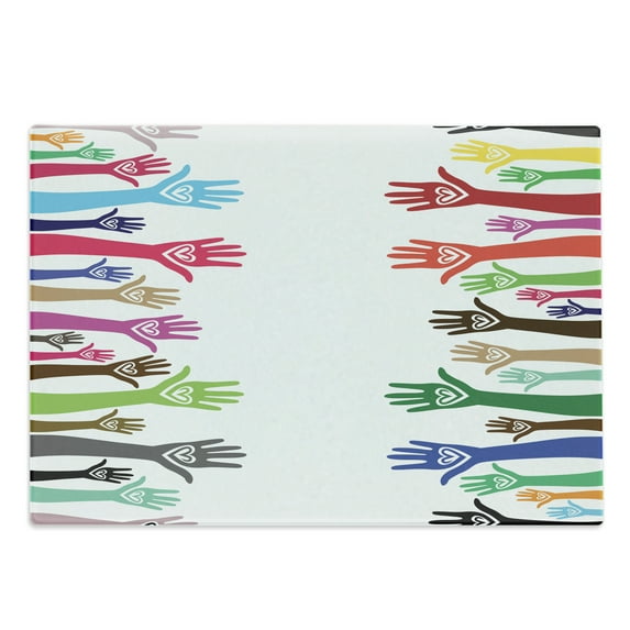 Love Cutting Board, People Support Hand Heart United Illustration Charity Encouragement Winning Team Print, Decorative Tempered Glass Cutting and Serving Board, Large Size, Multicolor, by Ambesonne