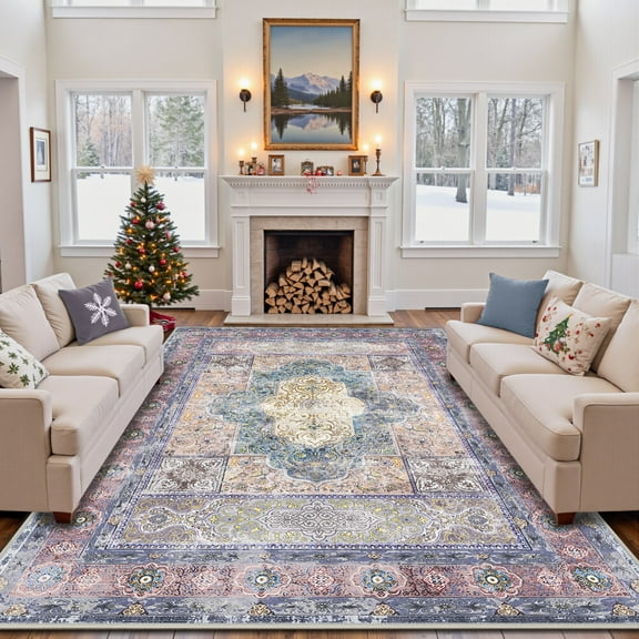 8'x10' Area Rugs for Living Room, Machine Washable No-Pile Non-Slip Soft Vintage Rugs, Indoor Print Bohemian Distressed Carpet, Purple