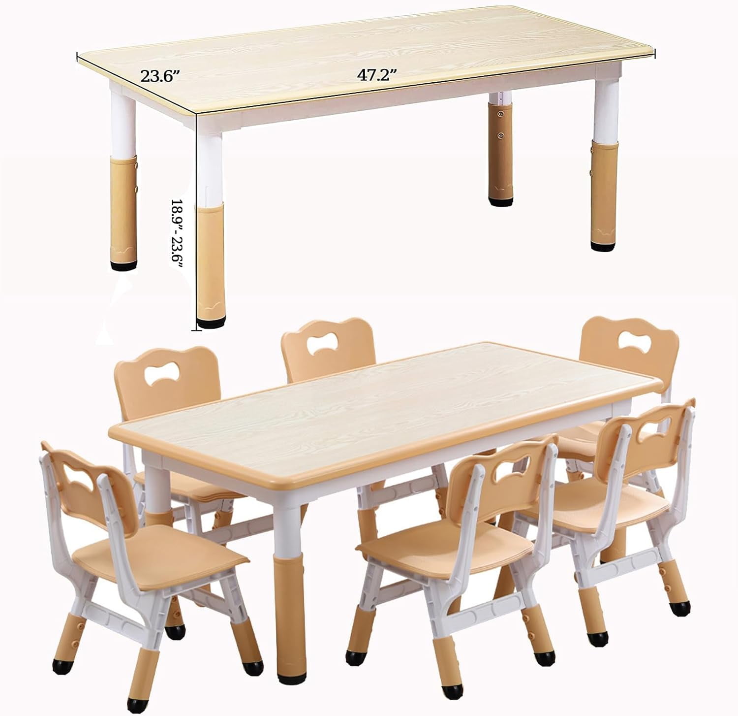 NEILA 7Pcs Kids Table and 6 Chair Set,Height Adjustable Toddler Arts & Crafts Table with Graffiti Desktop for 2-10 Years Boys & Girls ,Kids Activity Play Table for Classroom,Daycares,Playroom,Beige