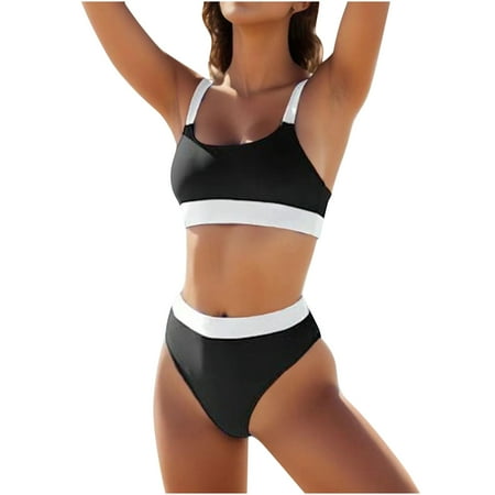 Arnsht Womens High Waisted Bikini Sets Sporty Crop Top Color Block Swimwear Bandeau Scoop Neck Vintage Two Piece Bathing Suits White L