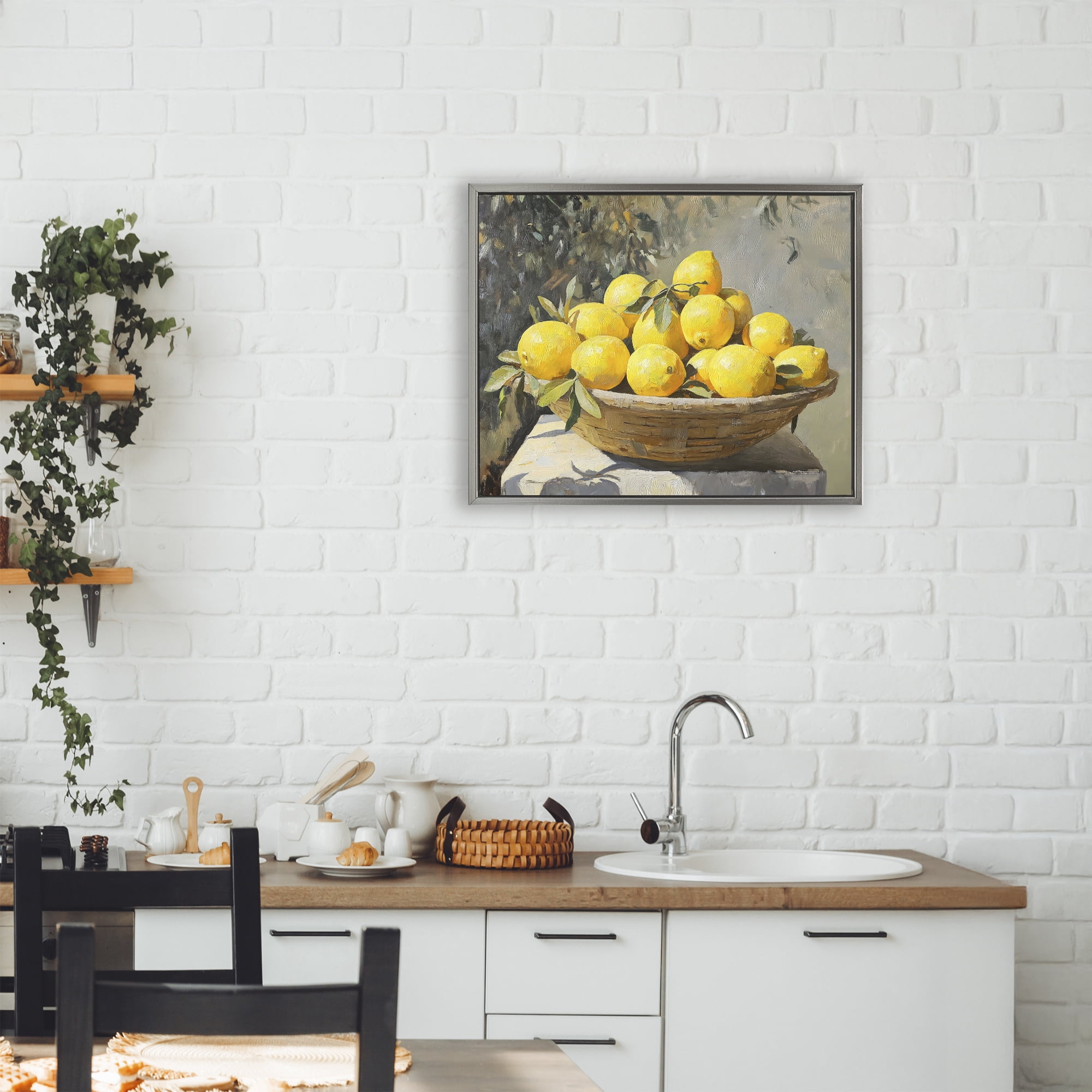 Stupell Industries Basket of Lemons in Sunlight Gray Framed Floater Canvas Wall Art, design by Creative Studio
