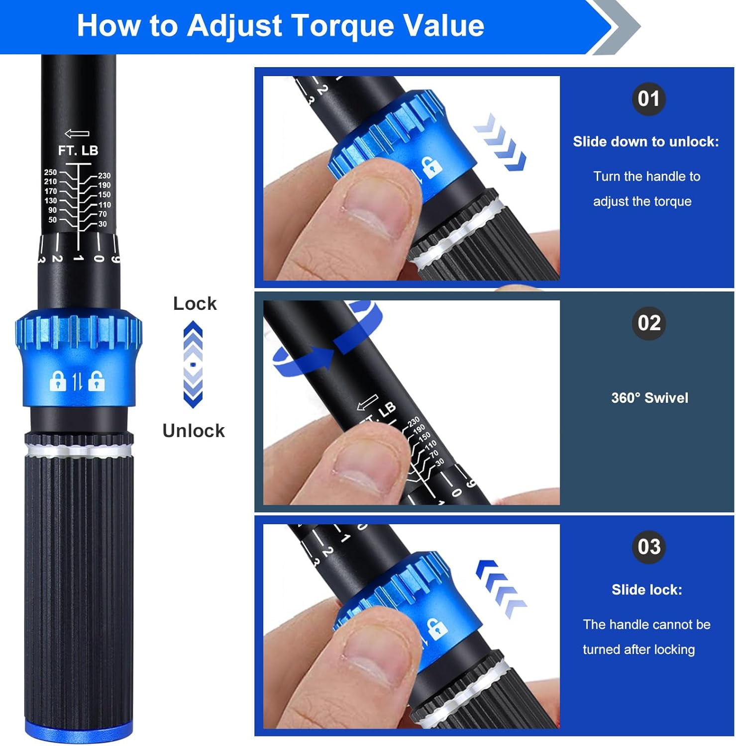 Torque Wrench 1/2 drive, 30-250 FT.LB/40.7-339 Nm, Dual-Direction Adjustable 1/2 Torque Wrench, 72-Tooth Click Dual Range Scales Torque Wrenches for Car, Truck,Tractor