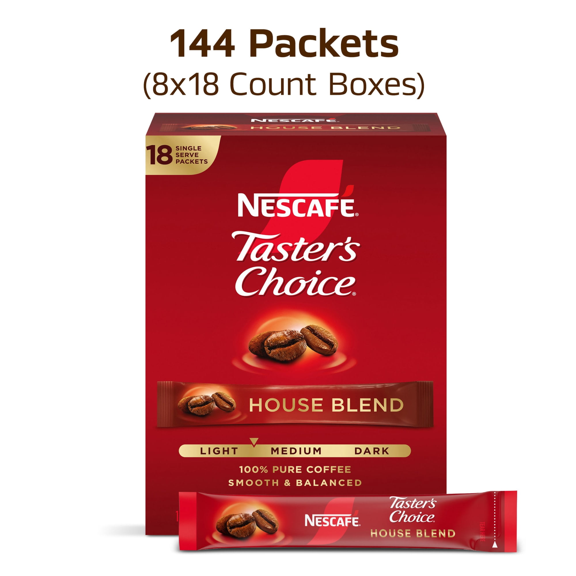 Nescafé Taster's Choice, Light Medium Roast Instant Coffee Packets, 144 Count (8 Boxes of 18)