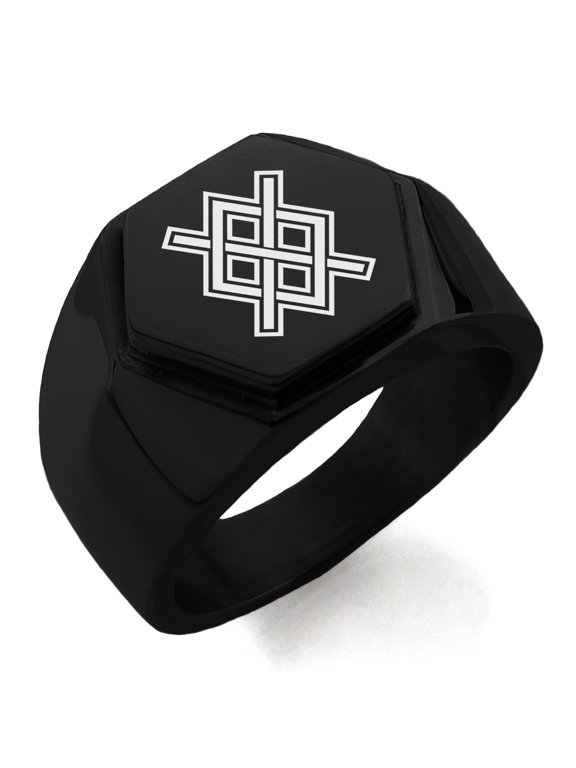 Stainless Steel Gungnir Rune Viking Norse Engraved Hexagon Crest Flat Top Biker Style Polished Ring