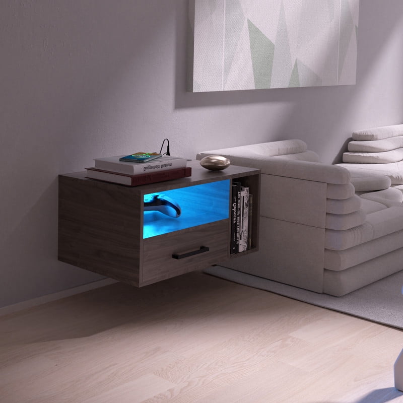 LED Nightstand with Remote Control 26.8” Modern Floating Nightstand with USB Port and Outlet for Bedroom, Light Brown