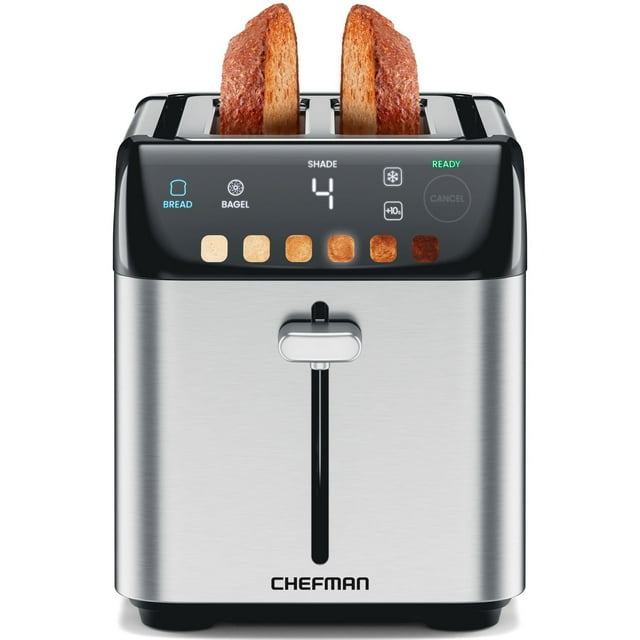 Chefman stainless steel smart touch 2-slice digital toaster displaying shade setting 4 with two slices of toasted bread in slots.