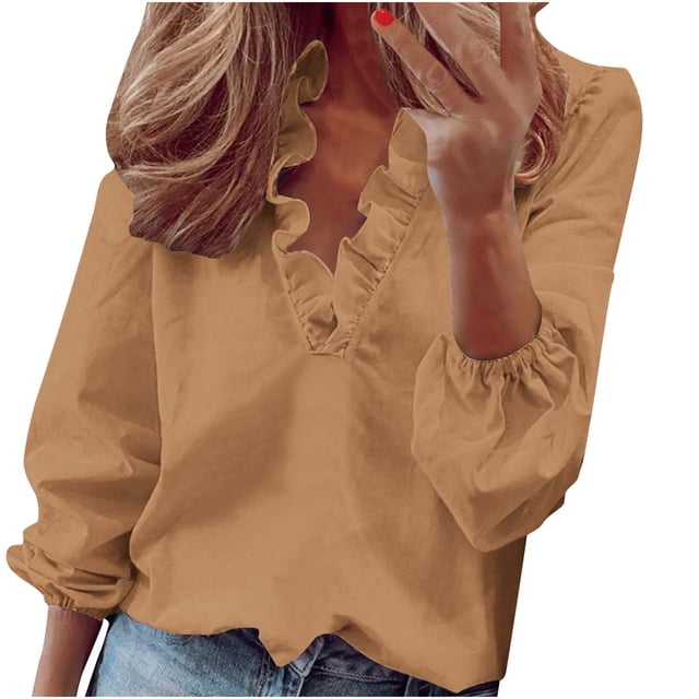 Bowake Women's Plus Size Tunic Tops Trendy Ruffle V Neck Long Sleeve Shirts Casual Solid Color Fall Spring Blouse Tee