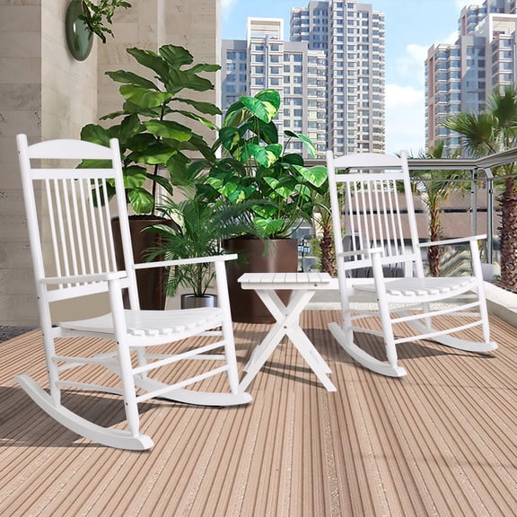 VEIKOUS 3-Piece Outdoor Rocking Chair Set, Wood Porch Rocker W/Foldable Table Indoor, White