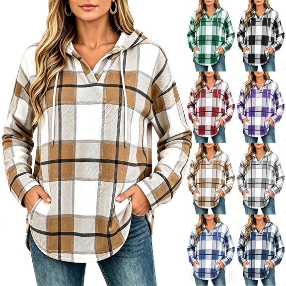 Hoodie for Women Long Sleeve Plaid Fall Winter Casual Sweatshirt Mid Length Drawstring Detail Relaxed Fit Stylish Everyday Sweatshirts