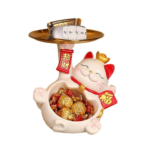 EDTara Fortune Cat Statue Bonbon Plat, Plateau de Rangement en Résine Dessin Animé Fortune Cat Clés, Cadeaux de Pendaison de Crémaillère Décorations pour Maison Bureau Entrée Table
