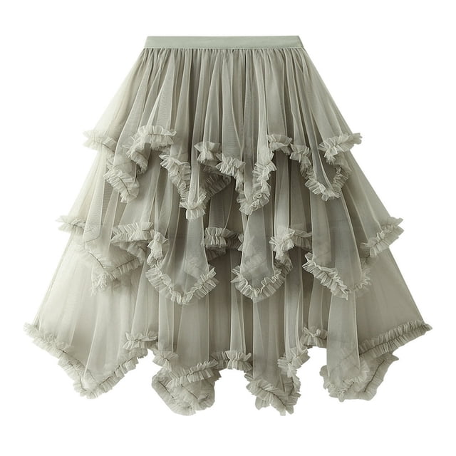 Womens Layered Tulle Long Skirt Stylish High Waist Solid Color Frill Trim Ruffle Midi Skirt