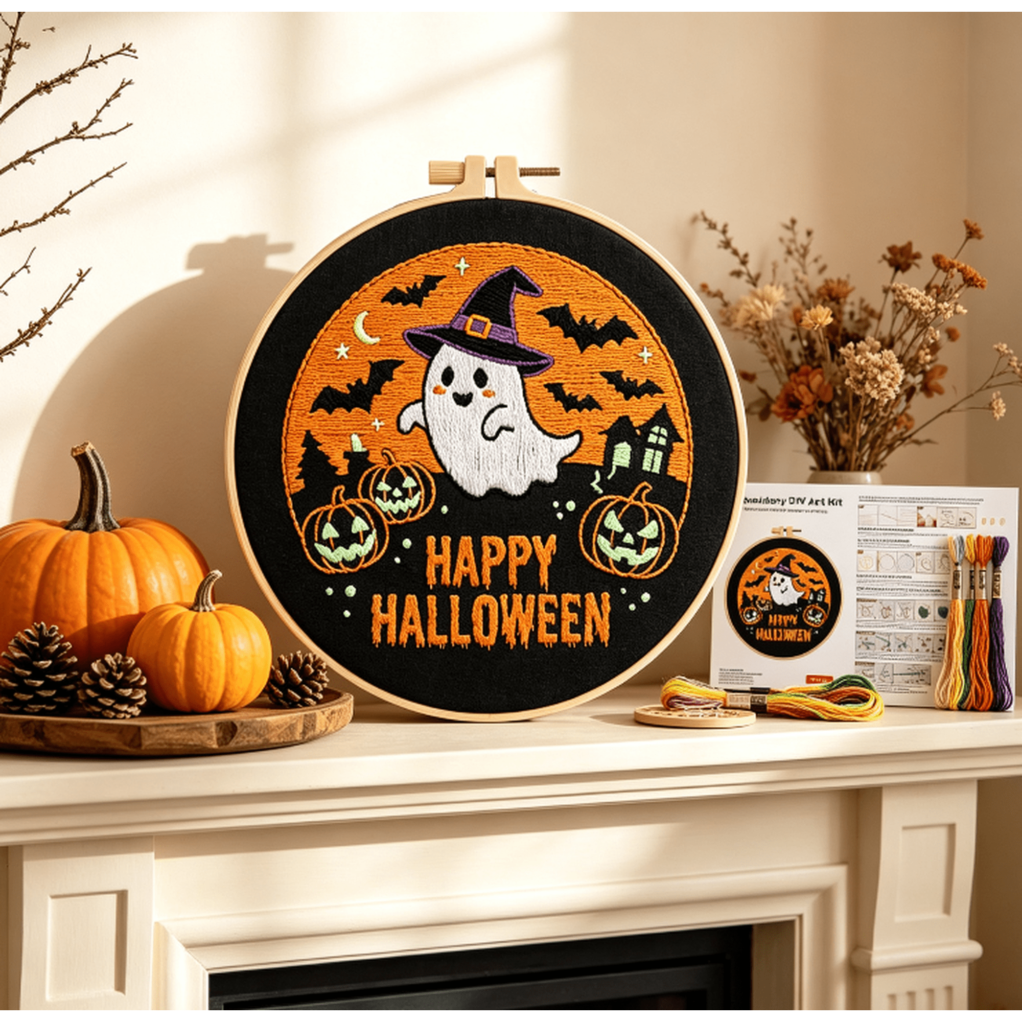 Witch Hat Embroidery Kit Halloween Cross Stitch Material Set with Bat Skull Flower Pumpkin Patterns DIY Hand Needlepoint Embroidery Craft Kit for Beginners Professional
