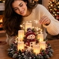 thumbnail image 3 of Christmas Snowman Resin Centerpiece with LED Flameless Candles, Lighted Frosted Pine Wreath Snowman Tabletop Decor, Xmas Mantel Dining Table Holiday Decoration, 3 of 4