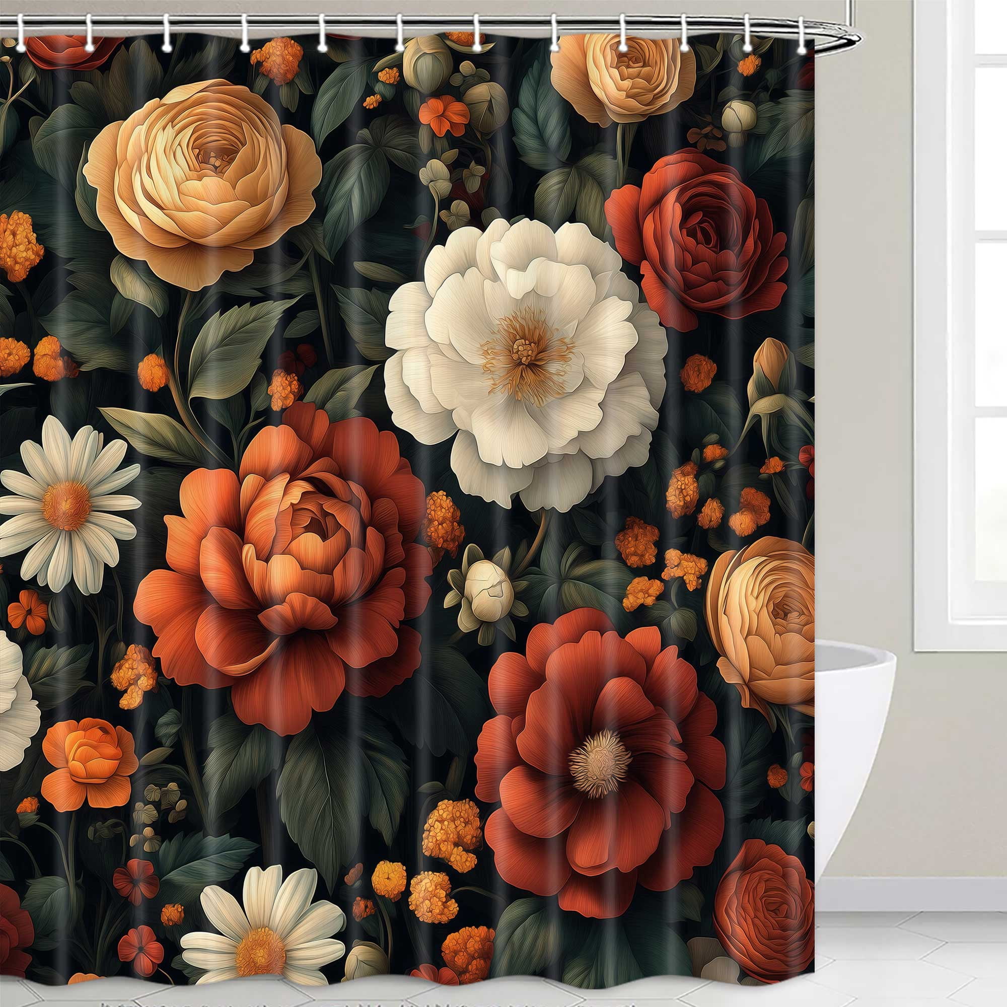 Floral Boho Shower Curtain, Black Abstract Bohemian Tropical Plant Red Orange White Flower Botanical Bathroom Curtains,Black Modern Aesthetic Leaves Fabric Shower Curtain with Hooks 72X84in