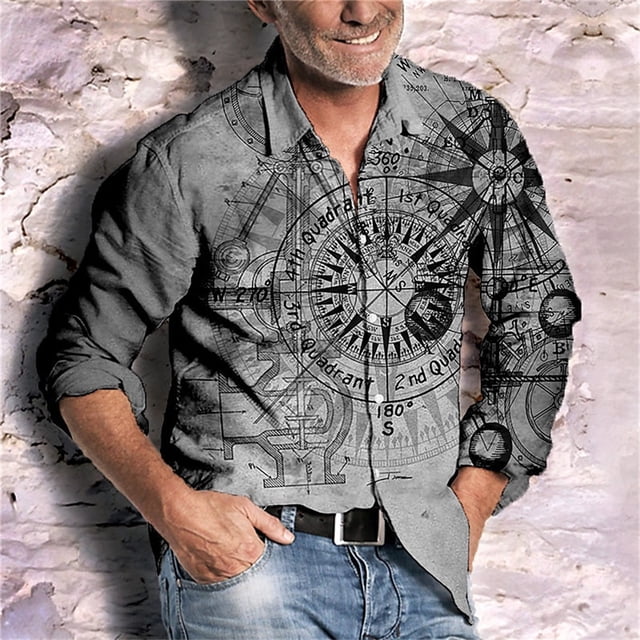 Camisa de solapa de manga larga a cuadros para hombre, con estampado de brújula en color azul, gris y café, informal, para exteriores, de diseñador urbano, muy vendida, tallas s-6XL