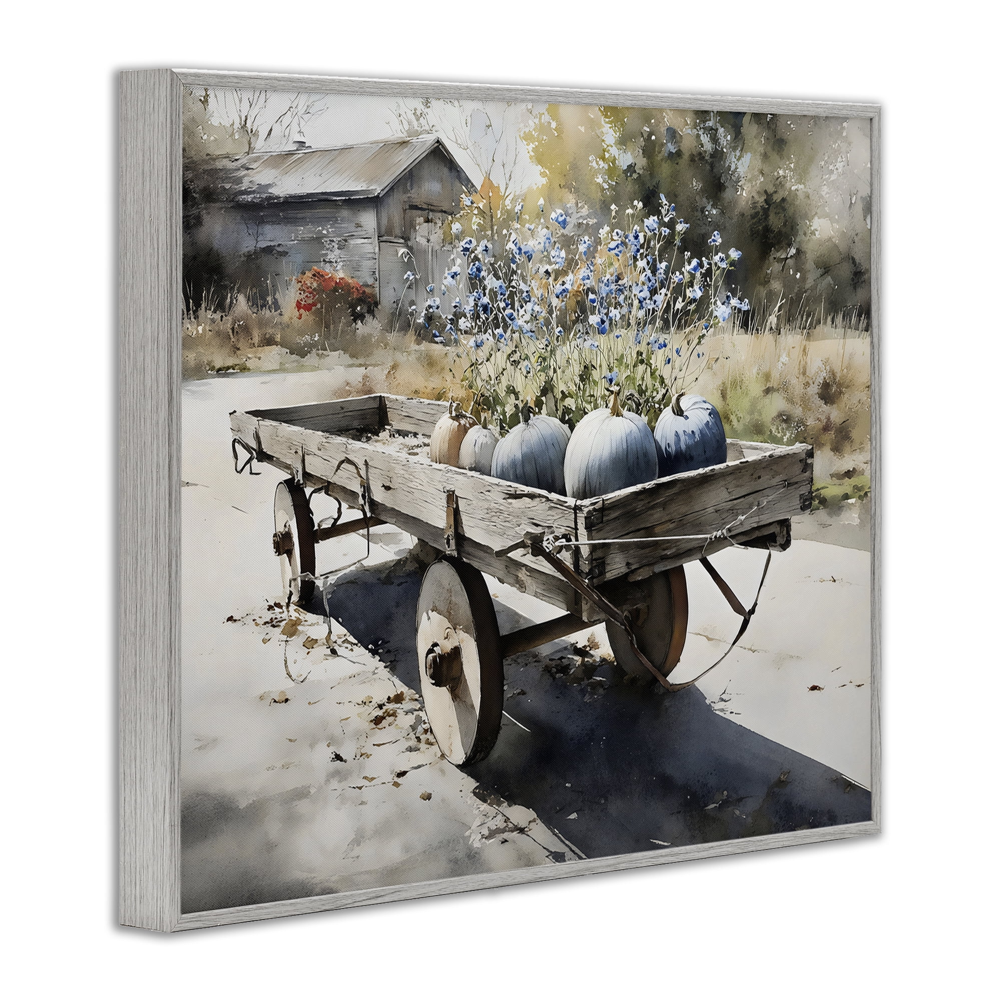 Stupell Industries Blue Pumpkin Wagon in Sunlight Gray Framed Giclee Art, design by Franklyn Gregory