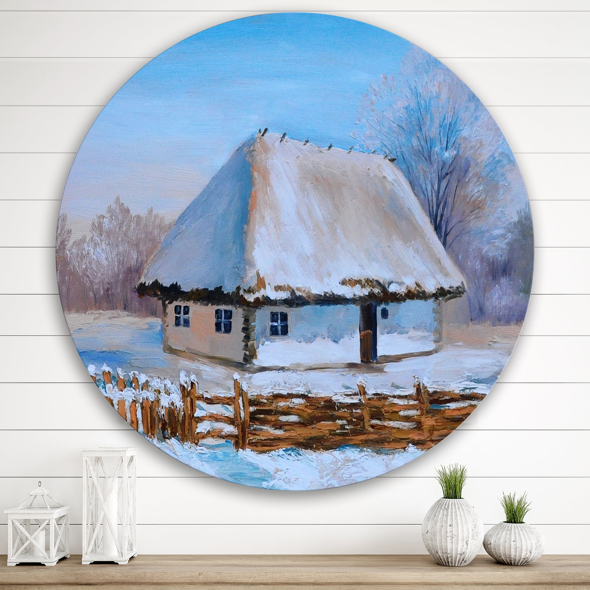 Designart 'Traditional Cottage Covered With Snow In Winter I' Traditional Circle Metal Wall Art 29x29 - Disc of 29