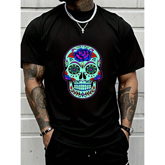 100% Cotton Sugar Skull T-Shirt - Halloween Day Of The Dead Skull Shirt T-Shirt Summer Men For Top