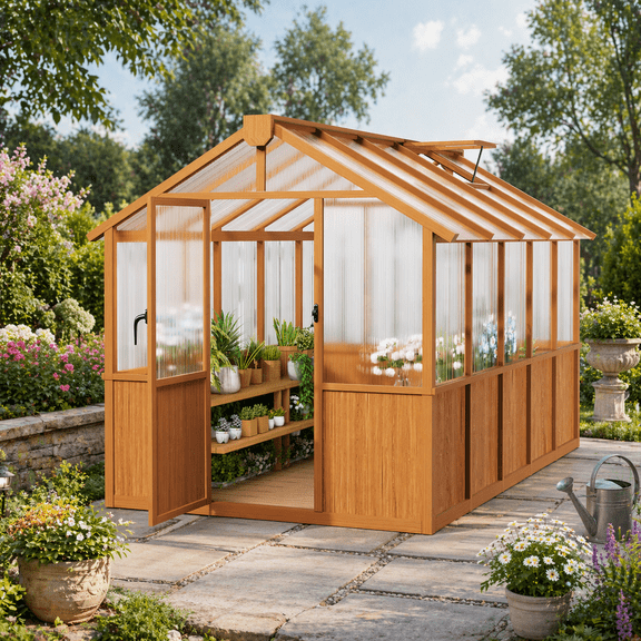 PABIMIA 6 ft. x 10 ft. Wood Greenhouse, Outdoor Walk-in Greenhouse Kit with Polycarbonate Panels and Adjustable Roof Vent