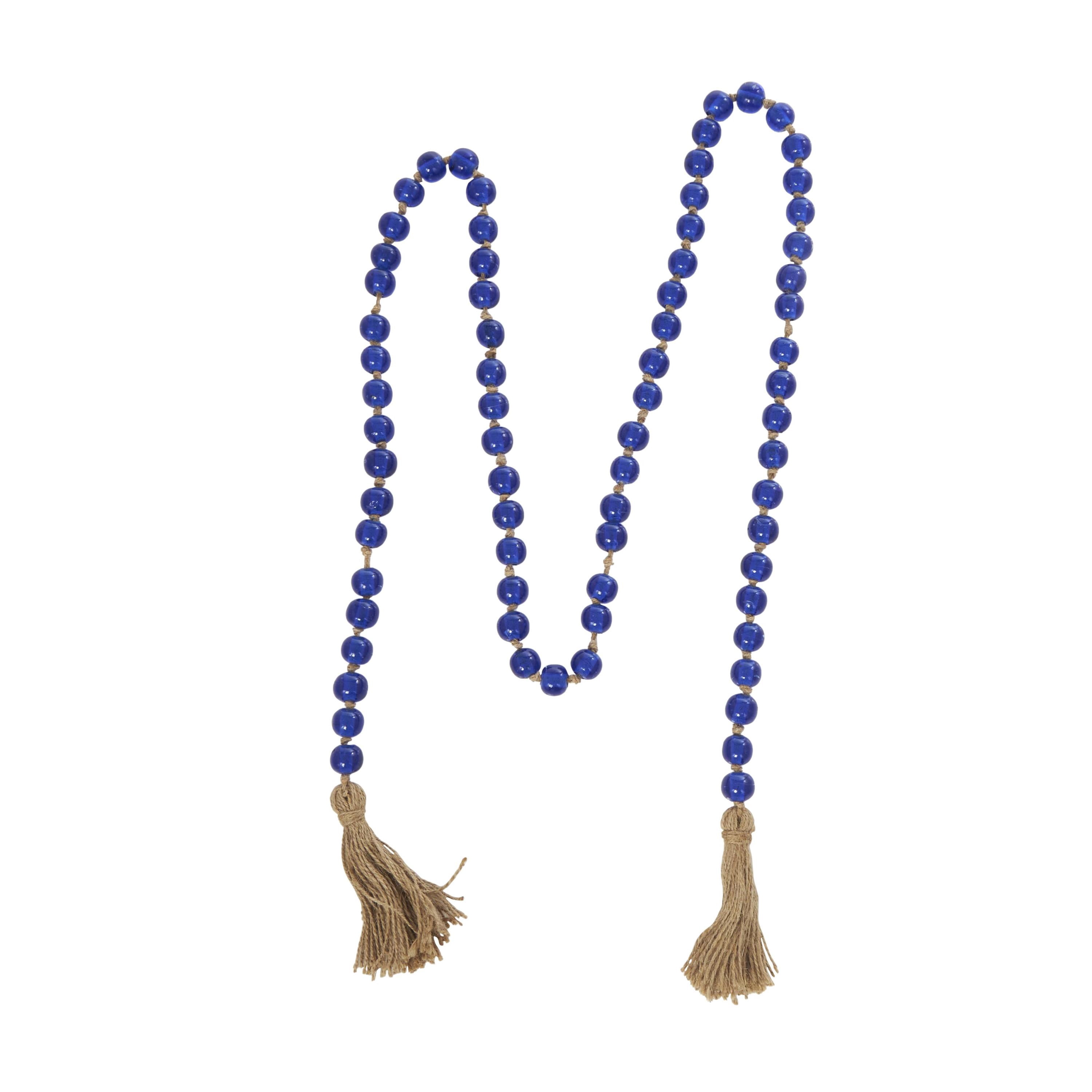 DecMode Handmade Round Long Blue Glass Garland with Tassel with Knotted Brown Jute