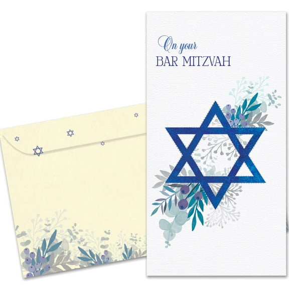 Tree-Free Greetings Bar Mitzvah Money Holder Greeting Card, 3.7 x 7, Blue Floral Star (ZO70346)