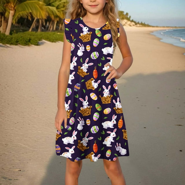 Robe de Pâques pour Filles Robe pour Tout-Petites d'Été à Manches à Volants Robe d'Été Tenue pour Enfants 4-14T Cadeaux de Pâques pour Enfants