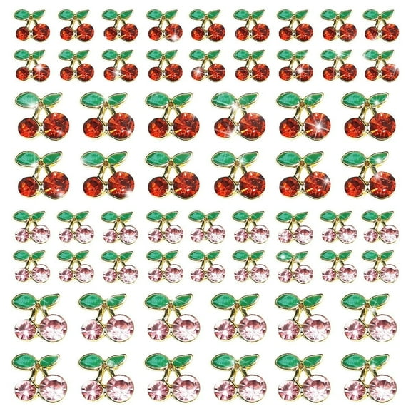 60 Pcs 3D Cherry Nail Charms Cherry Nail Rhinestones Nail Art Shiny Gems Nail Studs Cute Fruit Nail Diamond Crystal Luxury Jewelry for Nails Face Makeup Women Crafts DIY(Pink/Red Gold, 6mm/8mm) 60pcs