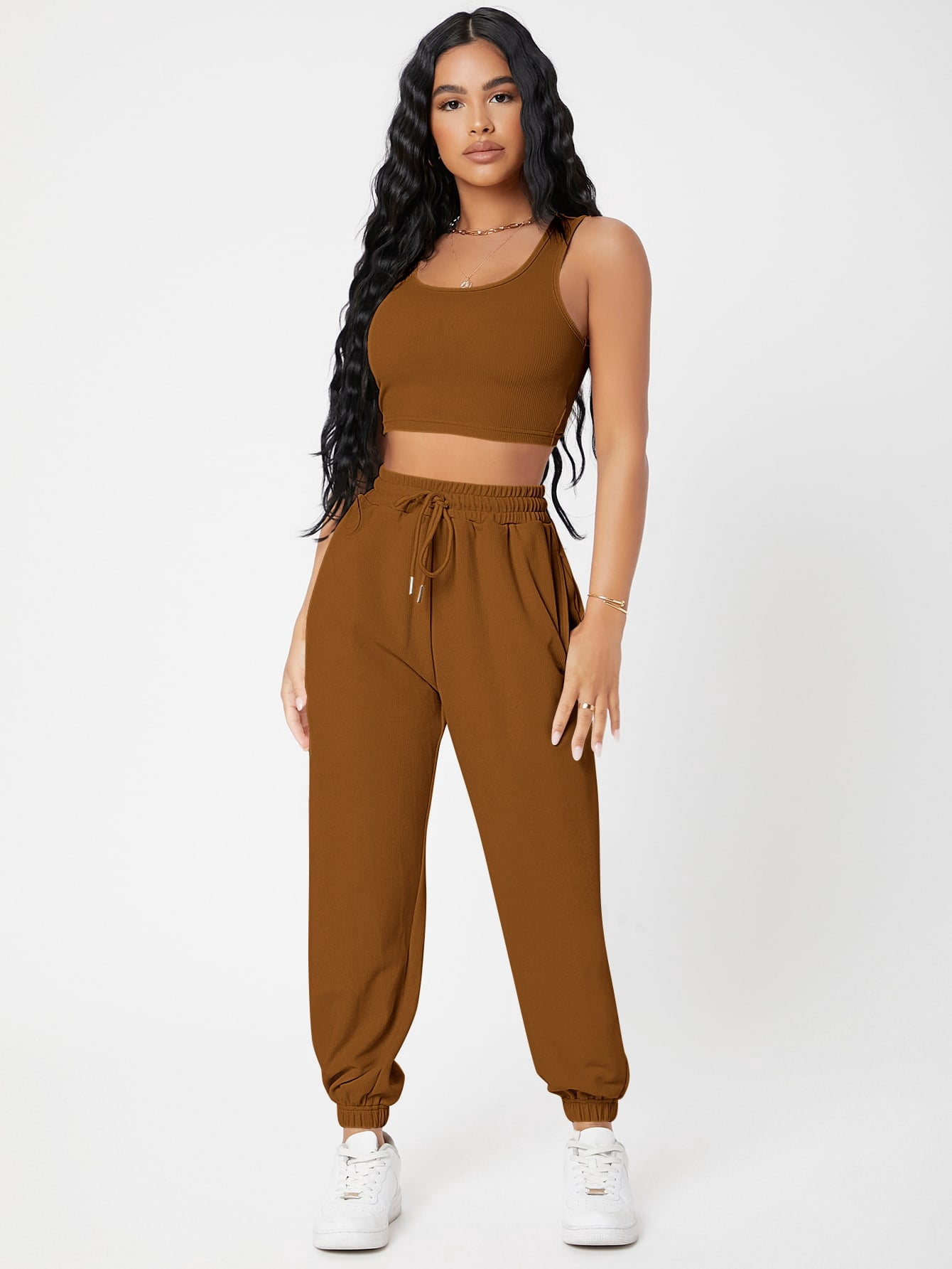 Women's Solid Crop Tank Top And Joggers 