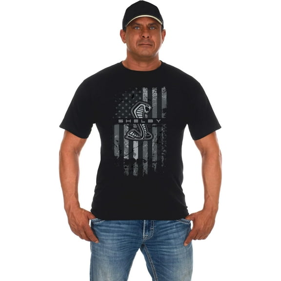 JH Design Men's Shelby Cobra American Flag Black Crew Neck Shirt