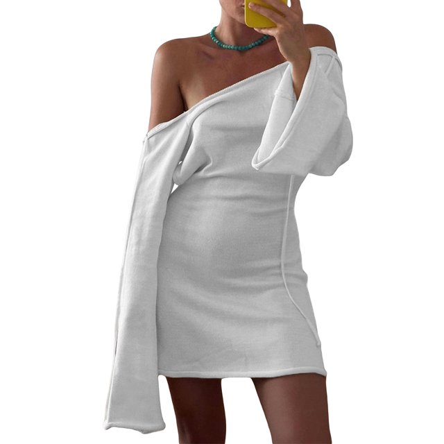 Gupgi Femmes Tricot Robe de Couleur Unie Dos Nu Manches Longues Décontracté en Vrac Mini Robe