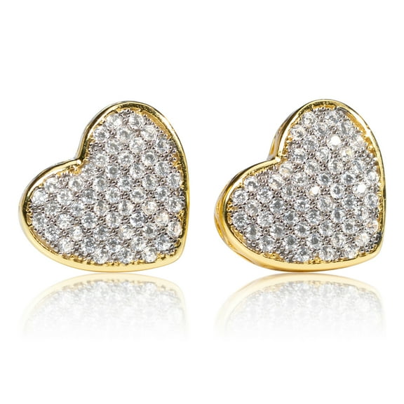 Large Yellow Gold 925 Sterling Silver Micro Pave Women's Cz Heart Stud Earrings