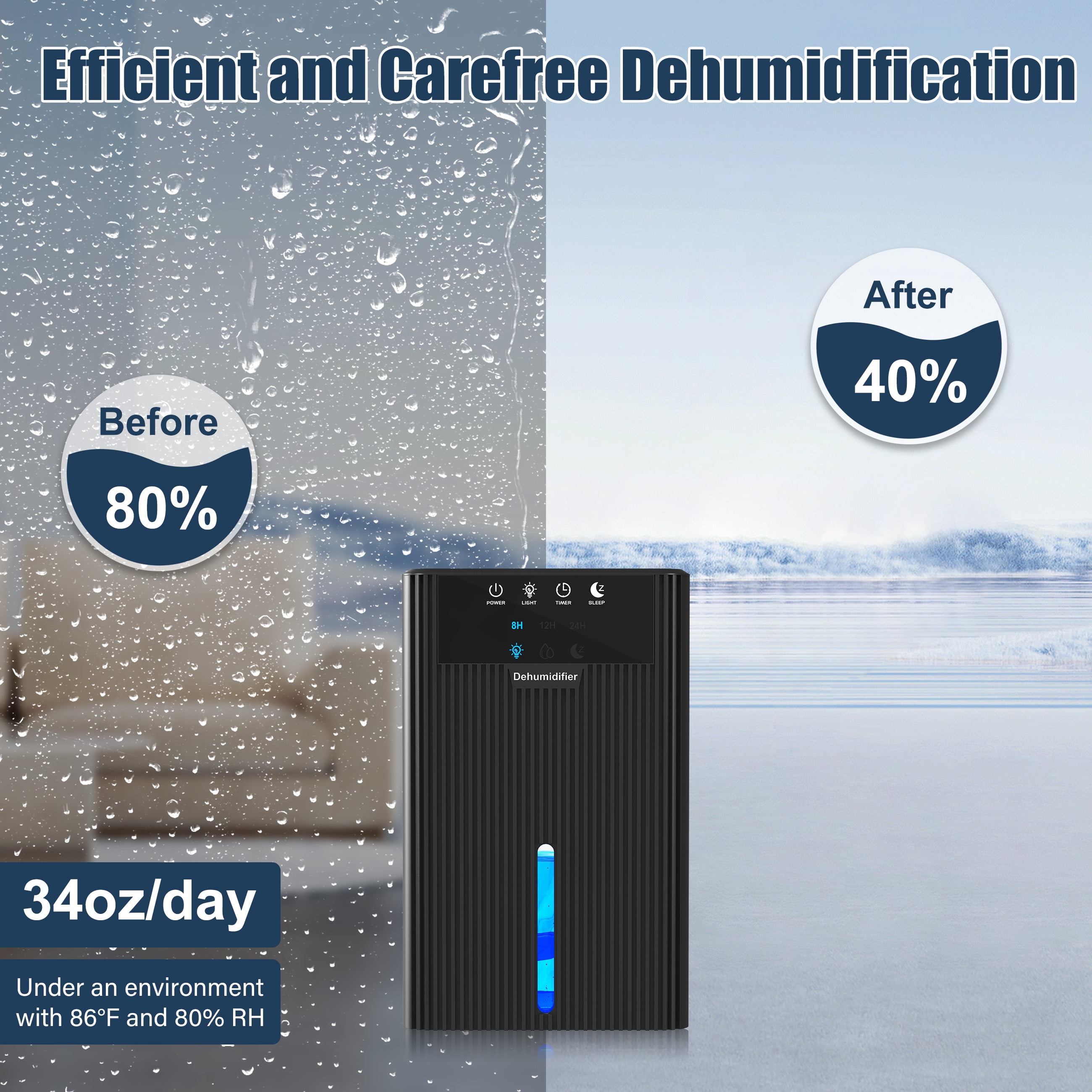 Cobectal Dehumidifier, 95oz Water Tank, 900 sq ft Coverage, Auto Shut-Off, 7-Color LED Light, Black