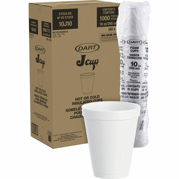 Dart 10J10 Foam Drink Cups, 10oz, White, 25 per Bag (Case of 40 Bags)