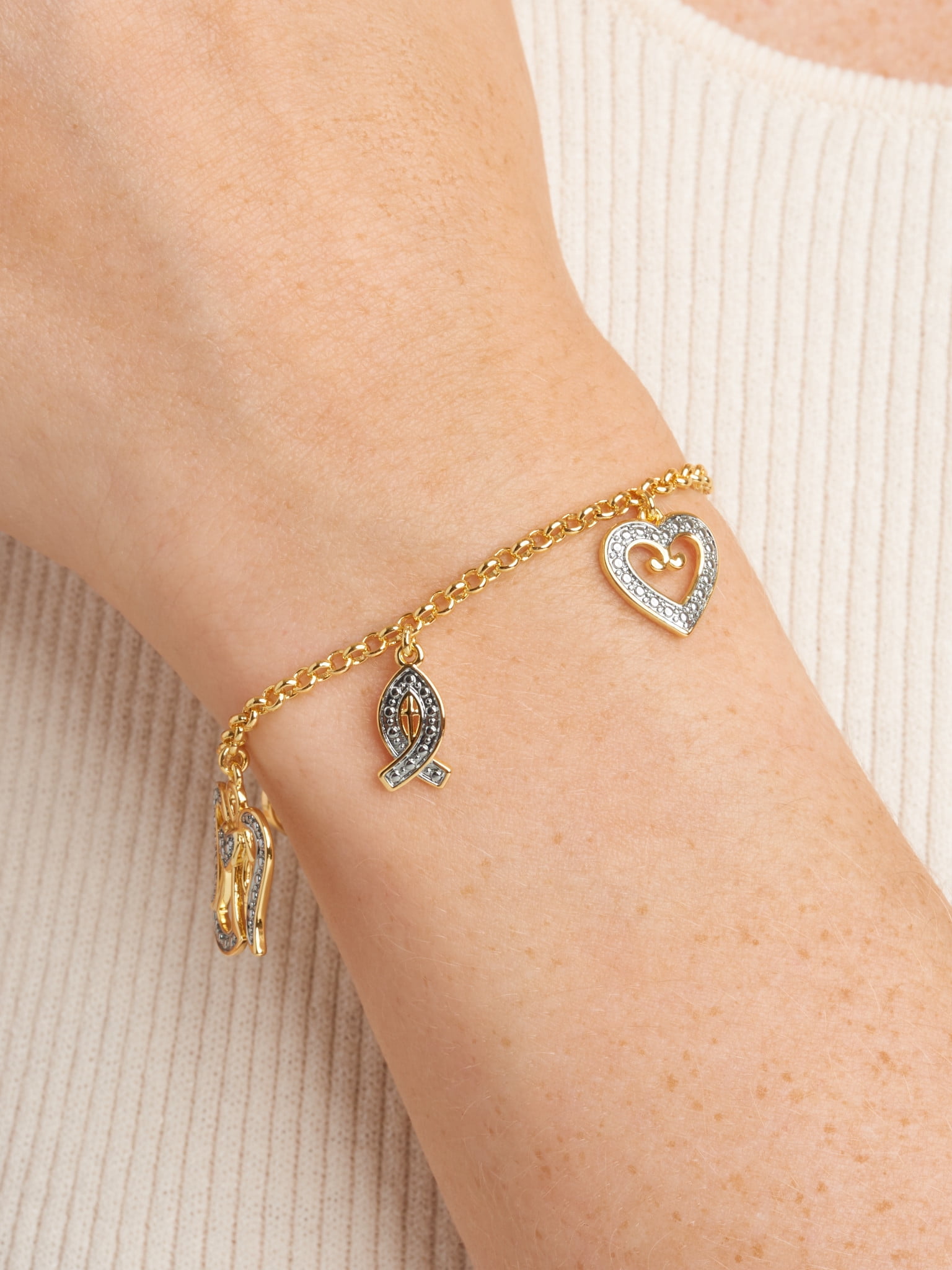 Forever Facets Women's Diamond Charm Bracelet Set in 14K Gold Plated Brass, 7.25 inch
