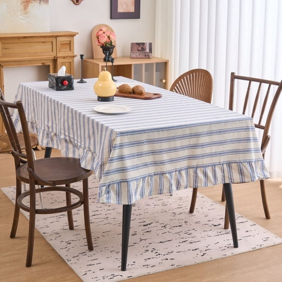 XmhyTop-A Farmhouse Ruffle Tablecloth Striped Tablecloth Cotton Linen Blend Table Cover with Flounces Trim, Rustic Striped Ruffle Tablecloth for Dining Room, 140x180cm,Style A,Blue