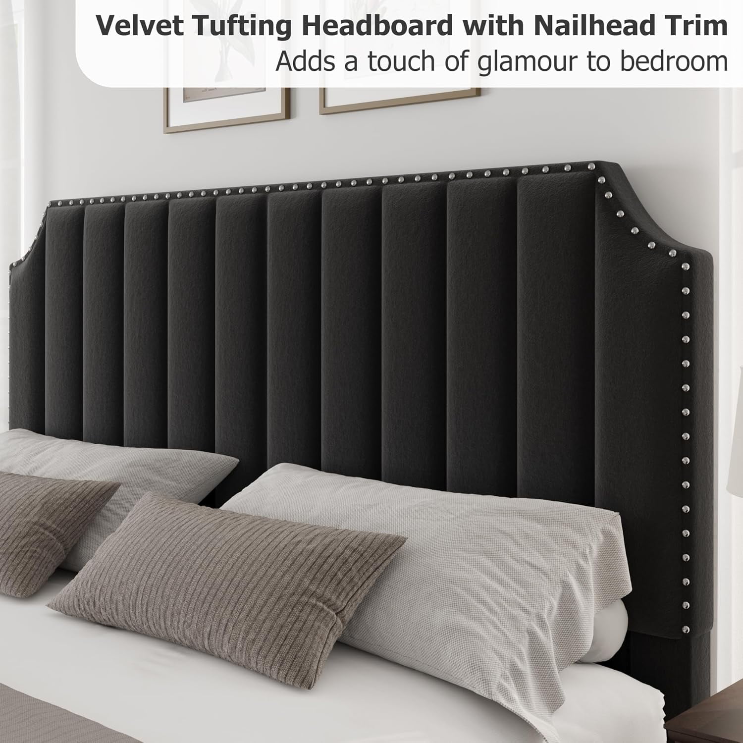 Garvee Queen Size Platform Bed Frame, Velvet Upholstered with 50.2" Channel Tufted Headboard, Nailhead Trim, Sturdy Wood Slats, No Box Spring Needed, Black