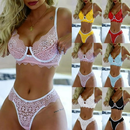 

Women Sexy Lace Wireless Bowknot Bra Thong Lingerie Underwear Pajamas Set Blue