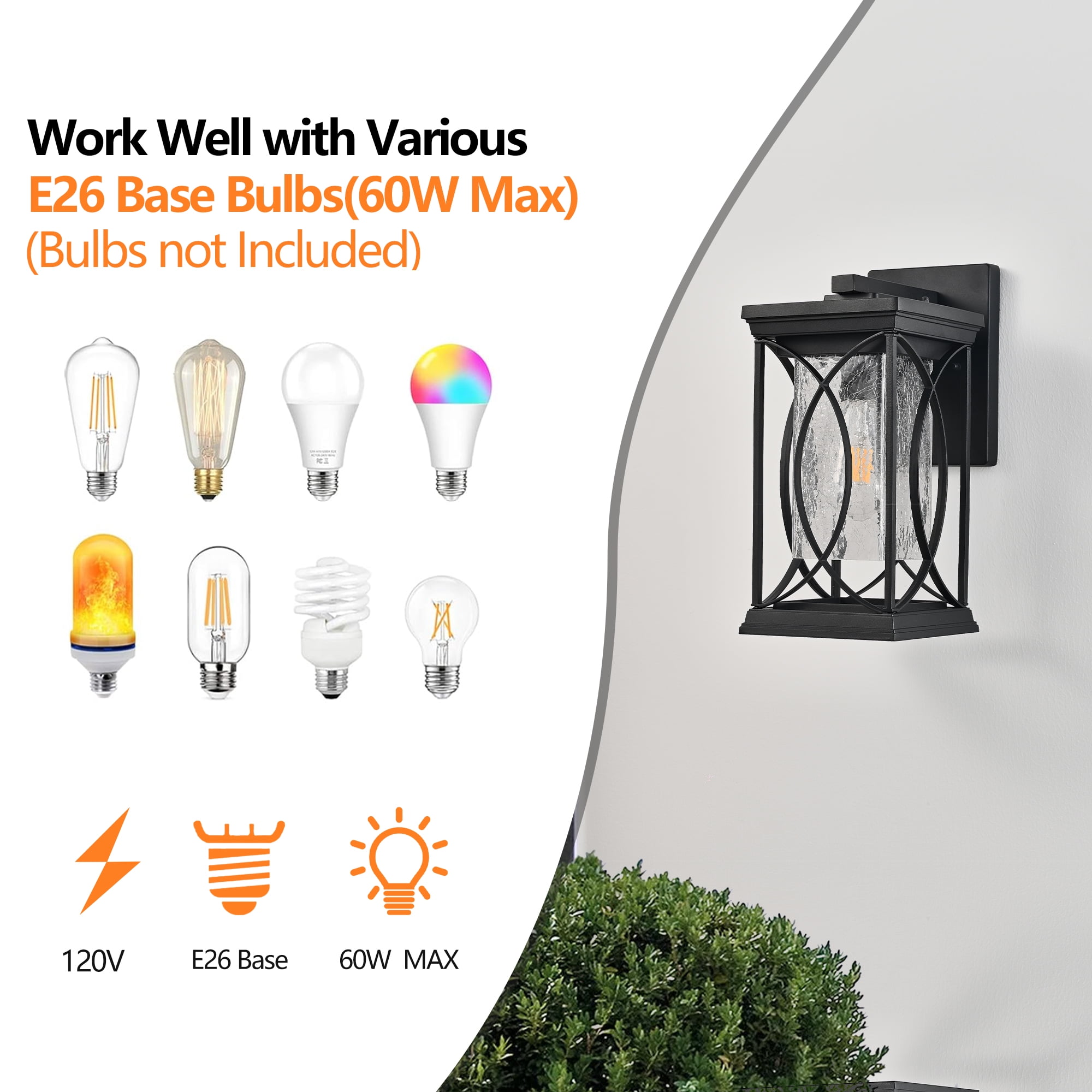 Black Outdoor Wall Lantern 14 Inch H with Crackled Glass Weather-Resistant Exterior Light for Porch, Black