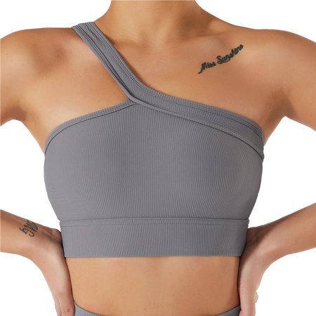 

fanshao Women Sports Bra One Shoulder Beautiful Back Full Cup Ladies Wire Free Ribbed Brassiere for Gym Running Fitness