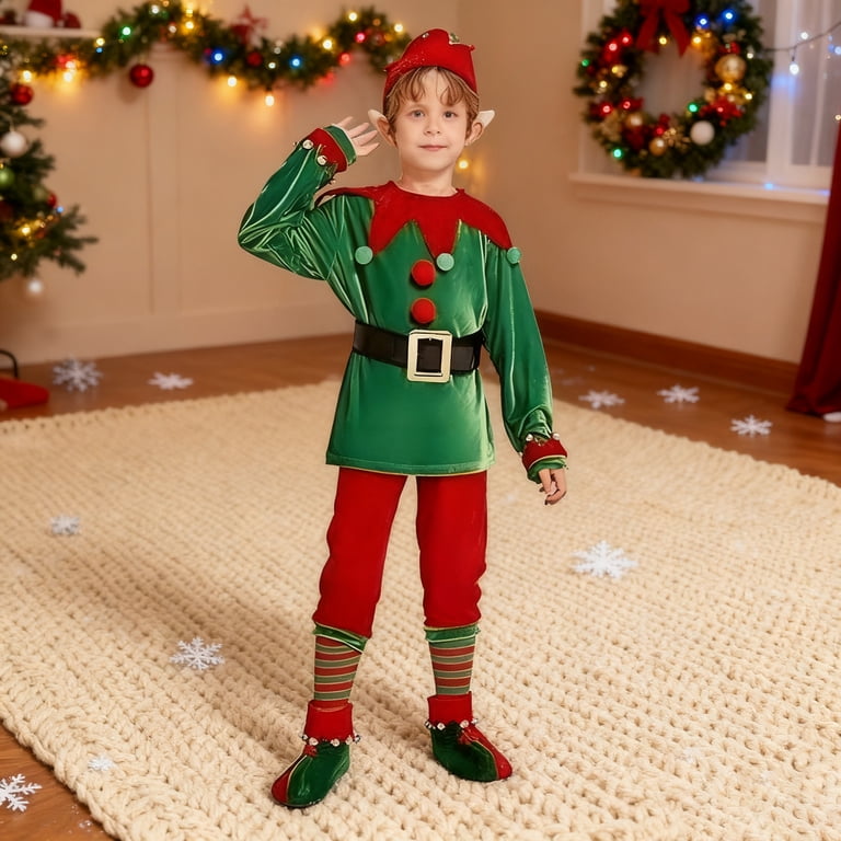 walmart christmas elf dress Joernso Costume Set Boys Girls Festive Elf Outfit Kids Classic Red Green Elf Hat Stockings Set Dress-up Attire for Parties Cosplay Performance The dress is made