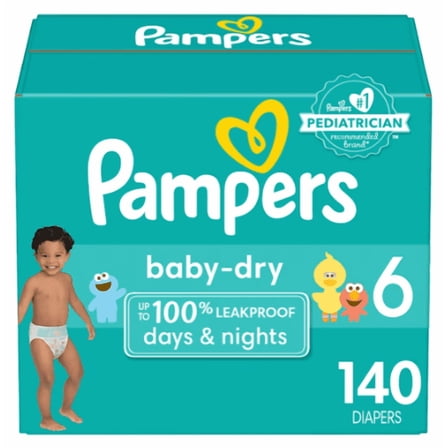 Pampers Baby Dry Diapers Size 6, Absorbent Disposable Diapers, Hypoallergenic Dri-Weave Liner, Secure Fit, 140 Count