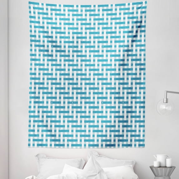 Geometric Tapestry, Maze Stripes Labyrinth Style Entangling Lines Grunge Effects Print, Fabric Wall Hanging Decor for Bedroom Living Room Dorm, 5 Sizes, Pale Seafoam and Sea Blue, by Ambesonne