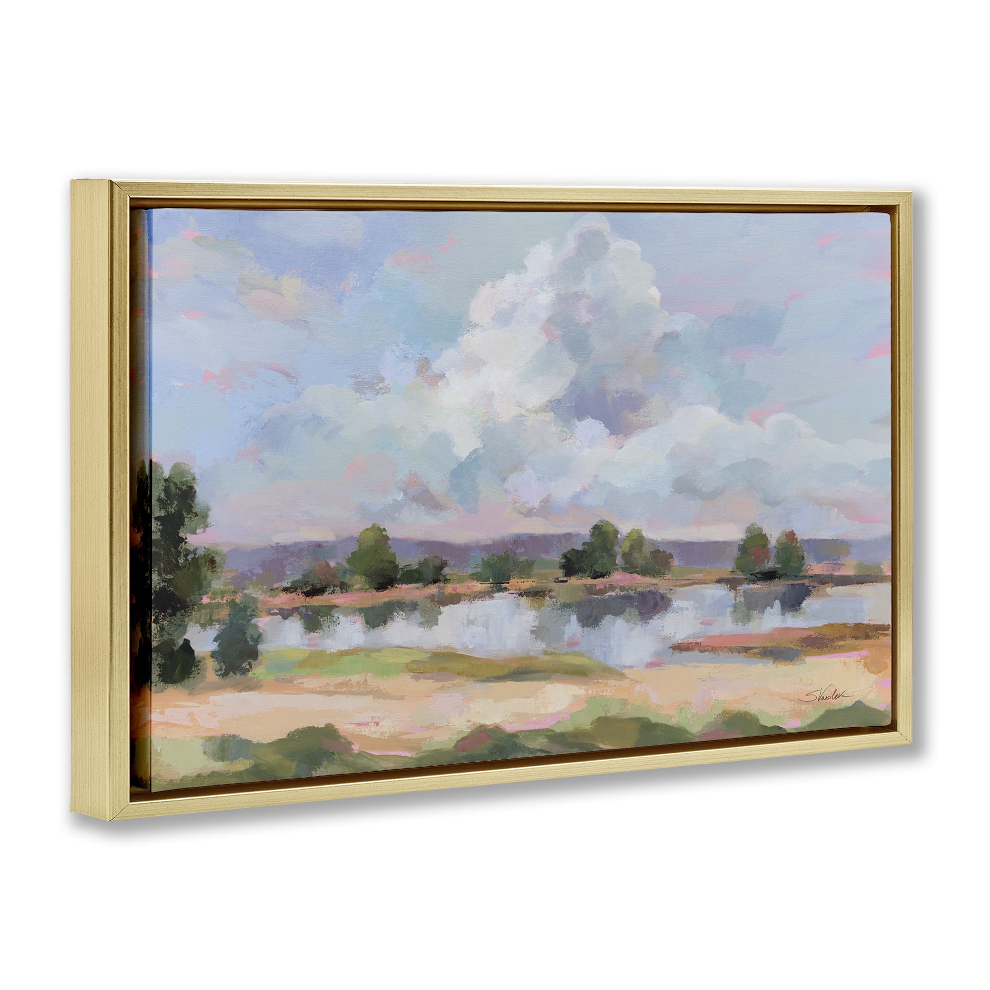 Stupell Industries River View Overhead Clouds Landscape & Nature Painting Gold Floater Framed Canvas Art Print Wall Art, 31 x 21