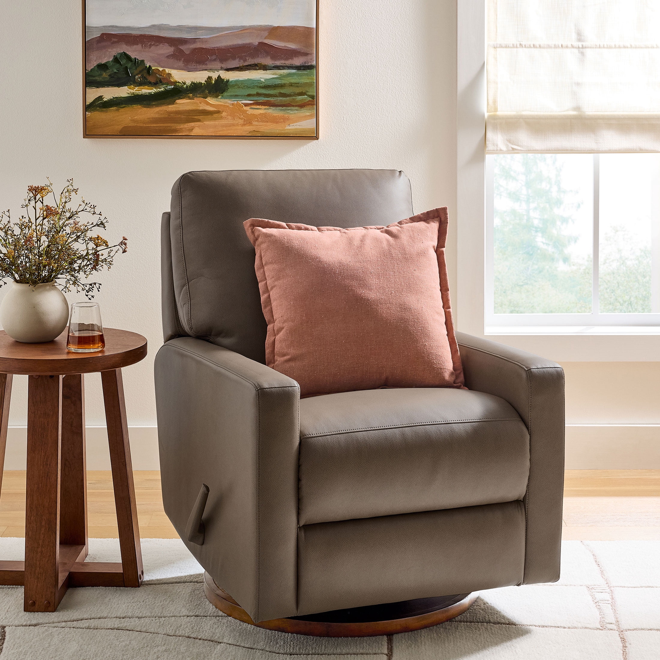 Better Homes & Gardens Modern Farmhouse Swivel Glider Recliner, Taupe Faux Leather