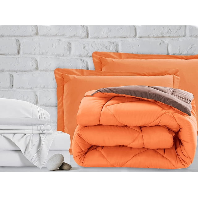 Mocassi Ensemble 7 Pcs Bed-in-a-Bag Couette et Draps 7 Pcs Format Grand Lit Bed-in-a-Bag, Ensemble de Draps et Couette Super Douillet, Résistant aux Plis et aux Taches, Orange/brun